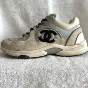 Mesh Suede Calfskin Grained Calfskin Womens CC Sneakers 38 Beige Grey Black